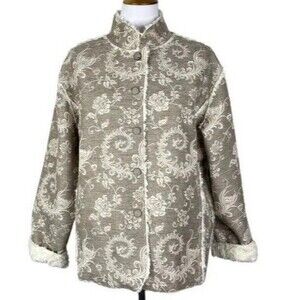 Chico's Ivory Embroidered Damask Jacket Faux Fur Sherpa Lining size 1 Med 8-10